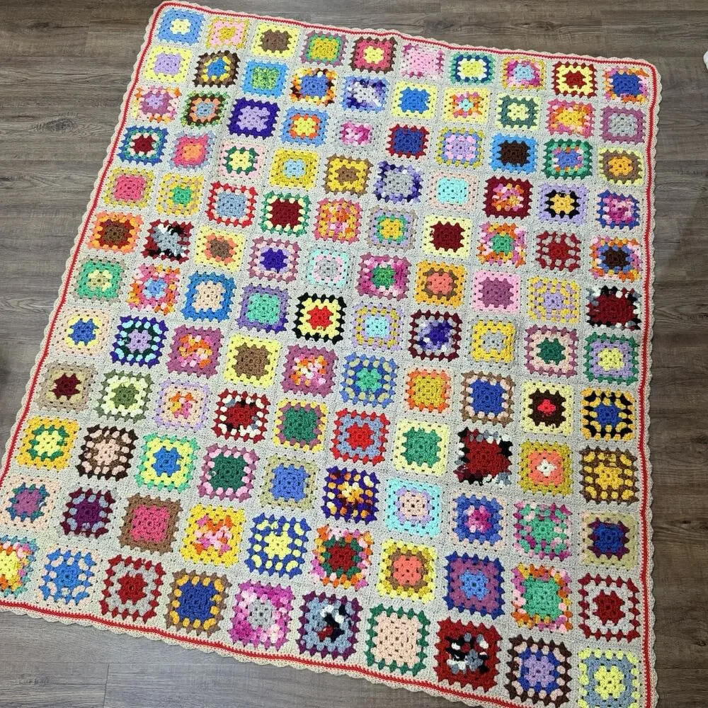 Vtg Granny Square Colorful Crochet Afghan Throw Tan Beige Handmade 50x60 Rosanne